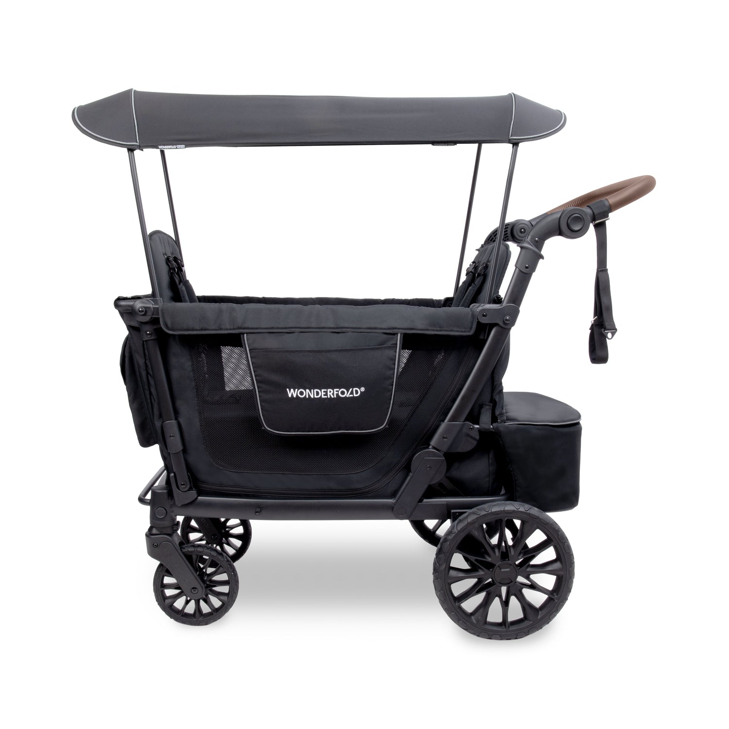Black stroller with canopy on a white background