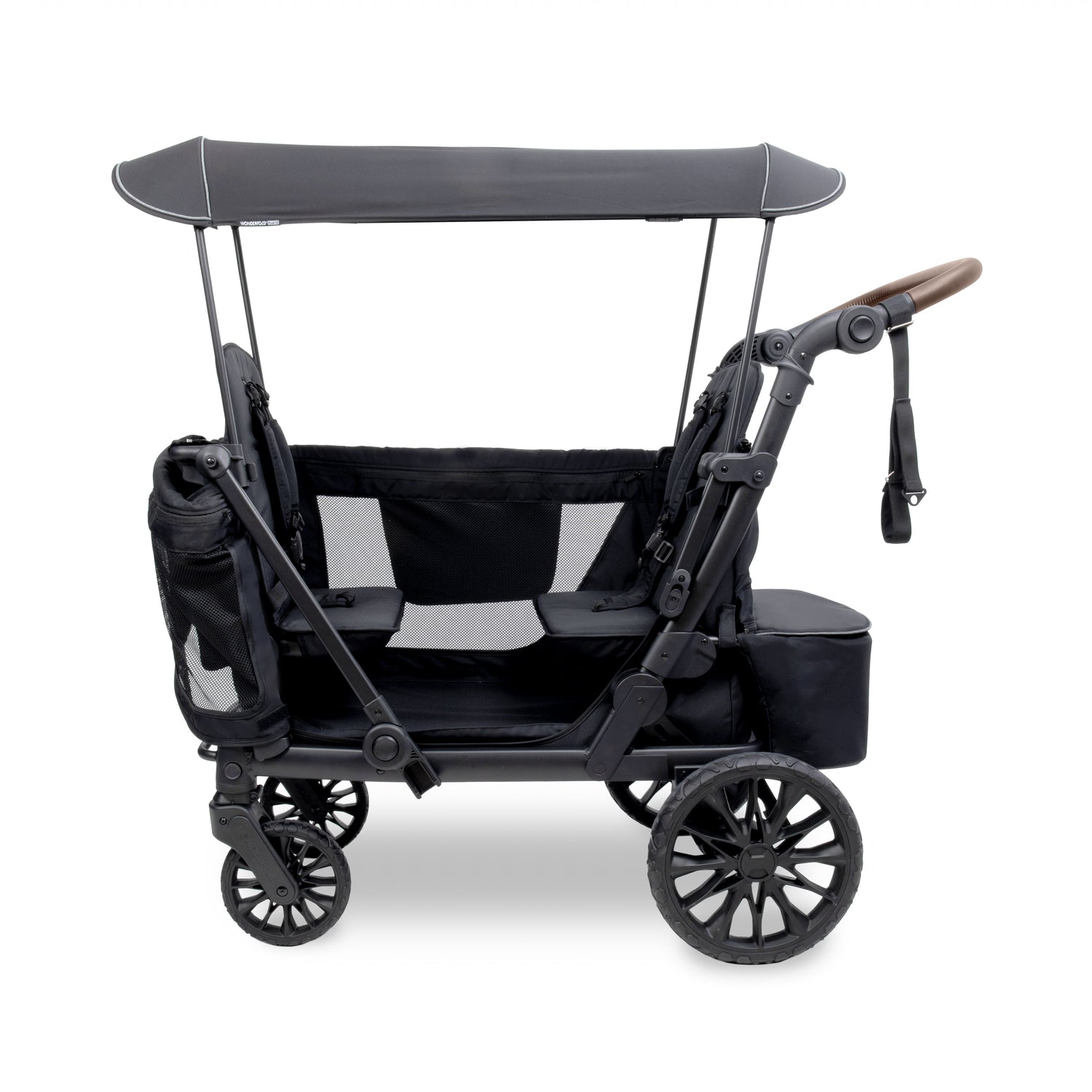 Black double stroller with canopy on a white background