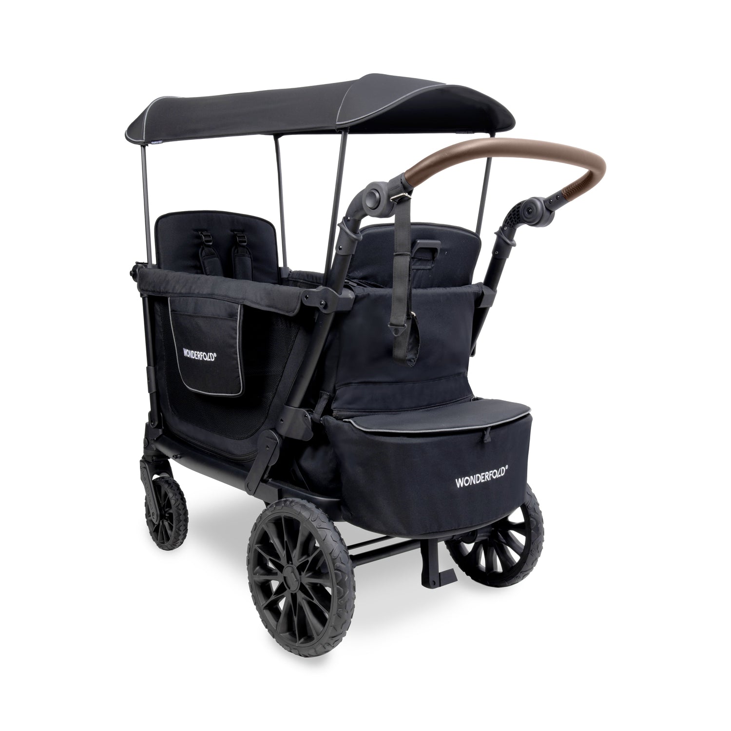 Black double stroller with canopy on a white background
