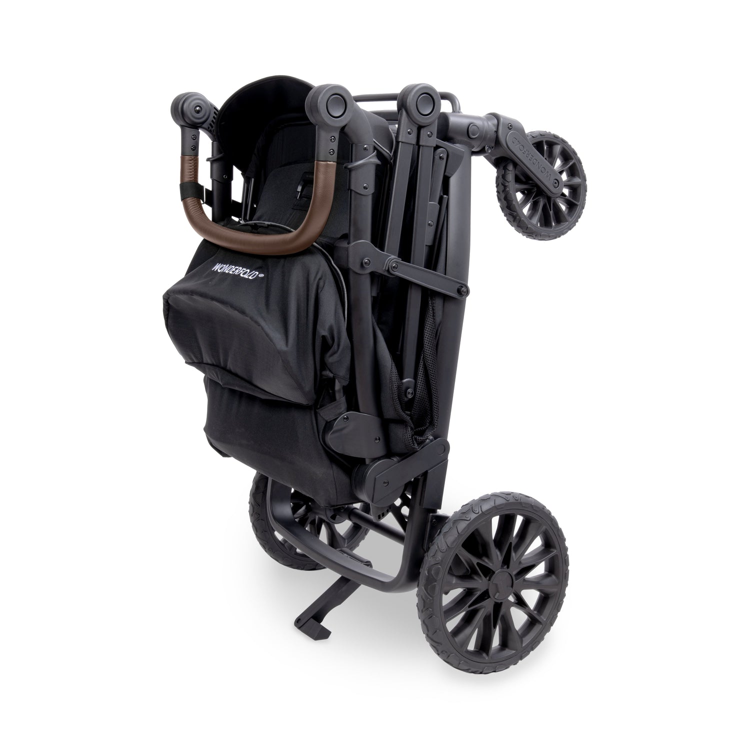 Black stroller with brown accents on a white background